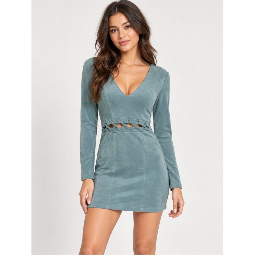 EUC faux suede Charlotte Russe women's green cutout lace waist mini dress, M